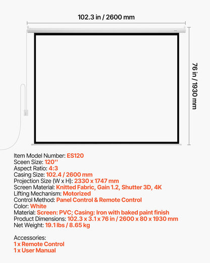 VEVOR Motorized Projector Screen, 120 inch 4:3 1080 HD Electric Projector Screen, Wall Mounted Projection Dispaly Projector with Remote Control, Automatic Movie Screen for Family Home Office Theater - BGSTYPMBGSDD3F45Z001V1 - view 8