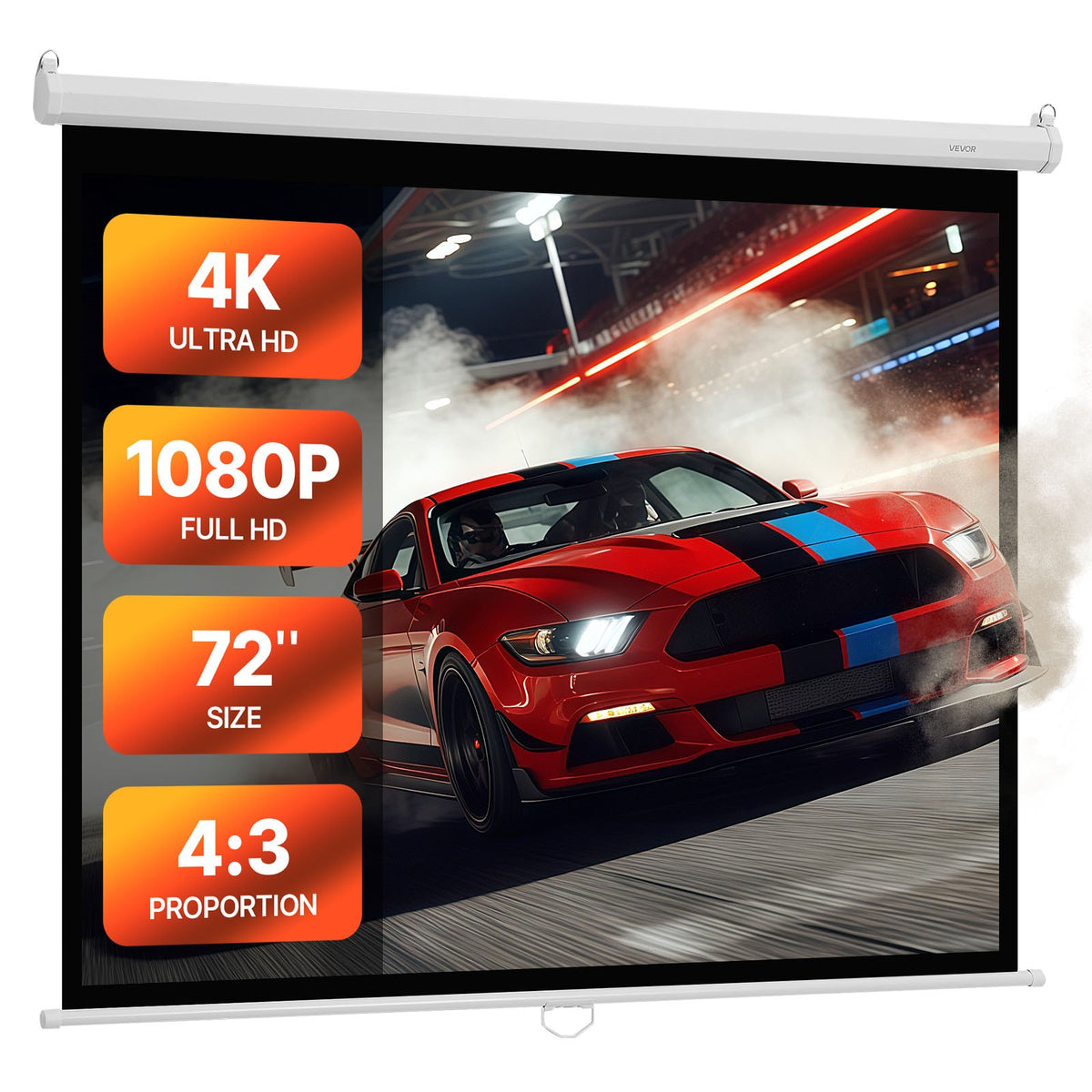 VEVOR Manual Projector Screen, 72 inch 4:3 4K 1080 HD Retractable Pull Down Projector Screen, Wall Mounted Movie Projection with Pull Rope, Portable Display Projectoin for Family Home Office Theater - BGSTYPMBGSSDBNL19001V0 - view 1