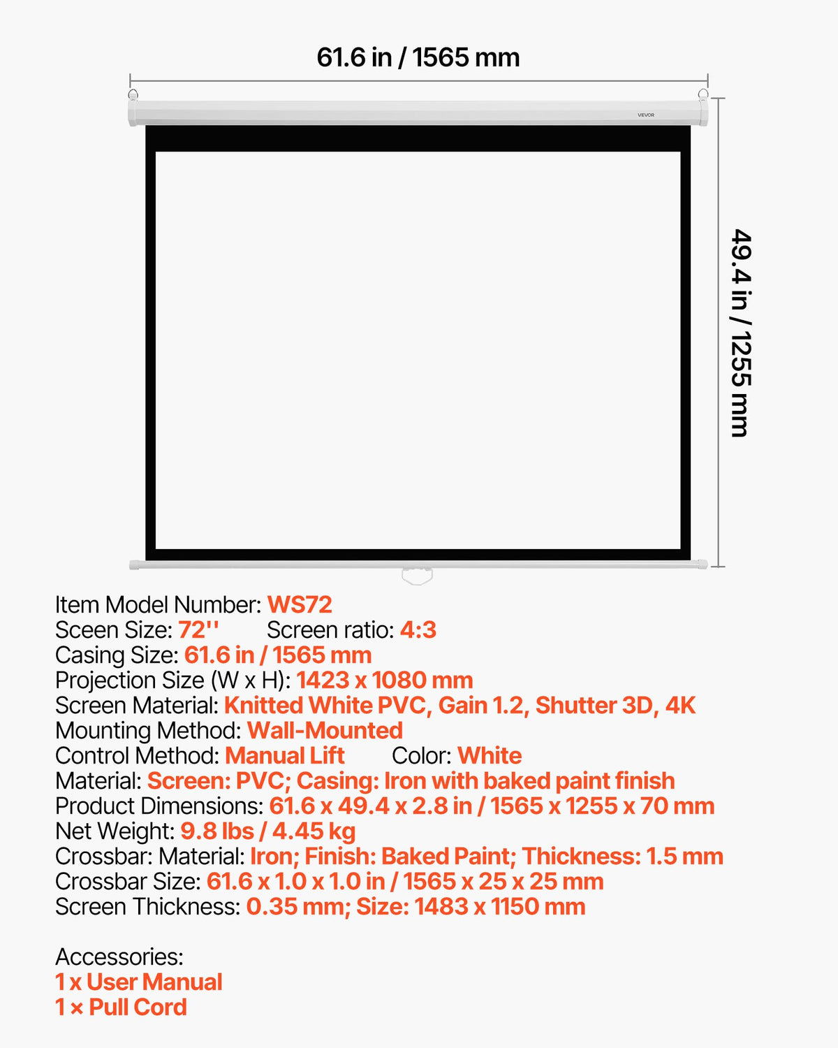 VEVOR Manual Projector Screen, 72 inch 4:3 4K 1080 HD Retractable Pull Down Projector Screen, Wall Mounted Movie Projection with Pull Rope, Portable Display Projectoin for Family Home Office Theater - BGSTYPMBGSSDBNL19001V0 - view 8