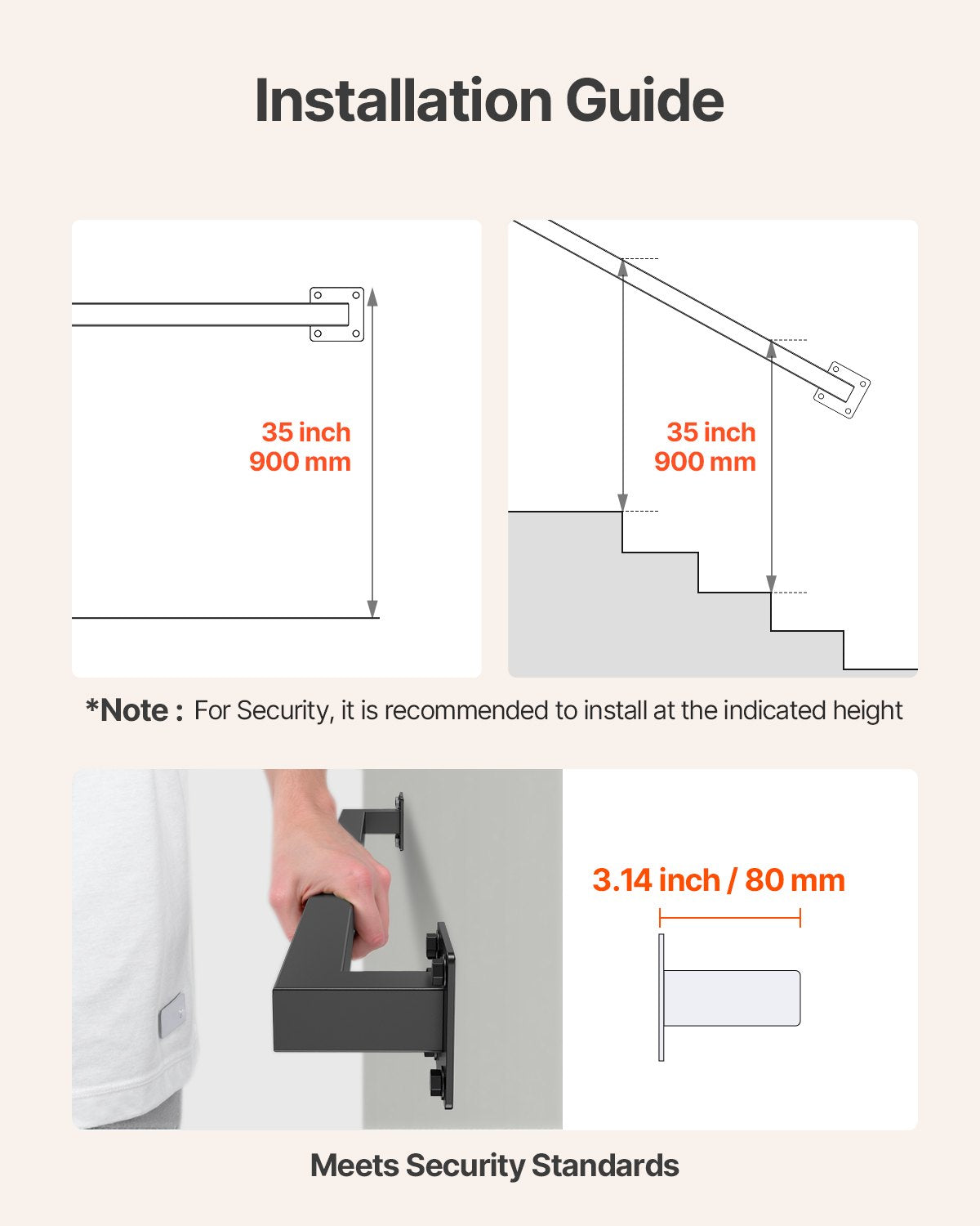 VEVOR Wall Mounted Stair Handrail, 3ft Black Iron Staircase Handrail Indoor, 250lbs Load Capacity, Industrial Railing Hand Rail for Steps, Square Tube for Loft Porch Deck, 2 Sections - BGSTZFGFS3FTNONYF001V0 - view 5