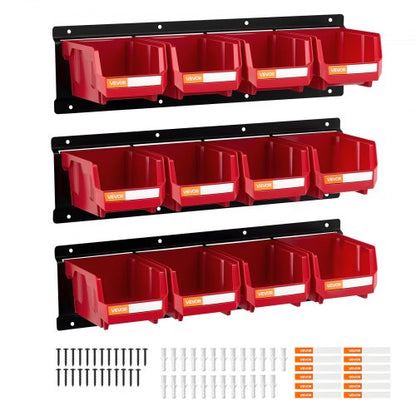 VEVOR Wall Mounted Storage Bins, 12 Plastic Bins & 3 Metal Rails, Plastic Hanging Stackable Storage Bin for Screws, Nuts, Bolts, Nails, Hardware Tool Organizer for Workshop, Craft Room, Garage, Red - BGSWLXGDBGSWDYGLO001V0 - view 2