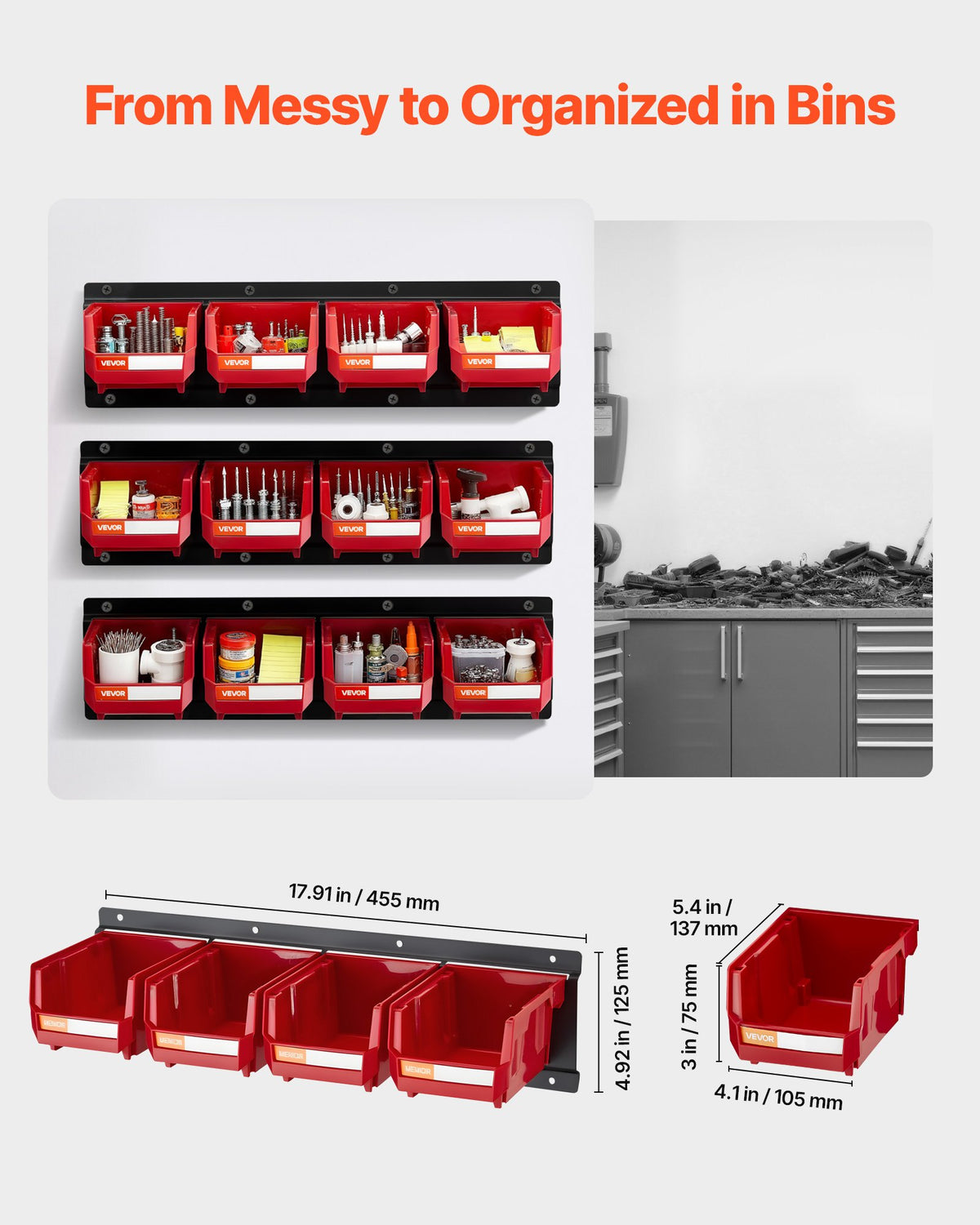 VEVOR Wall Mounted Storage Bins, 12 Plastic Bins & 3 Metal Rails, Plastic Hanging Stackable Storage Bin for Screws, Nuts, Bolts, Nails, Hardware Tool Organizer for Workshop, Craft Room, Garage, Red - BGSWLXGDBGSWDYGLO001V0 - view 3