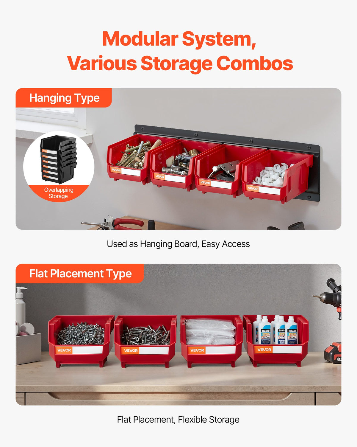 VEVOR Wall Mounted Storage Bins, 12 Plastic Bins & 3 Metal Rails, Plastic Hanging Stackable Storage Bin for Screws, Nuts, Bolts, Nails, Hardware Tool Organizer for Workshop, Craft Room, Garage, Red - BGSWLXGDBGSWDYGLO001V0 - view 5