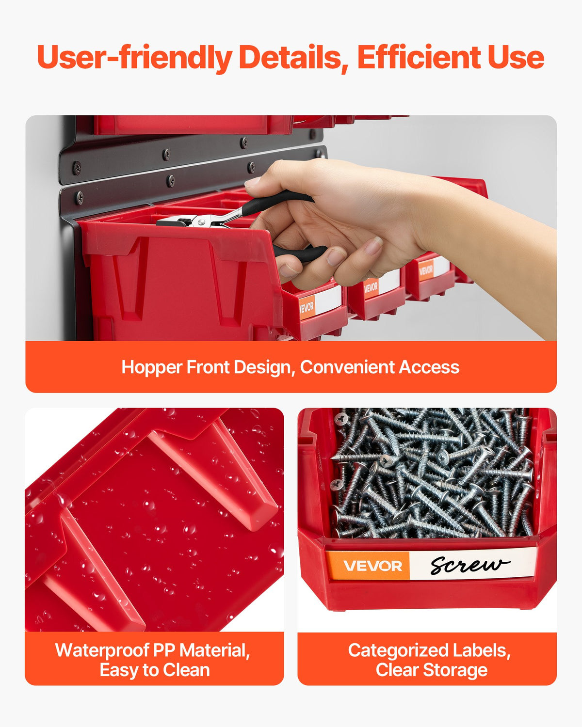 VEVOR Wall Mounted Storage Bins, 12 Plastic Bins & 3 Metal Rails, Plastic Hanging Stackable Storage Bin for Screws, Nuts, Bolts, Nails, Hardware Tool Organizer for Workshop, Craft Room, Garage, Red - BGSWLXGDBGSWDYGLO001V0 - view 7