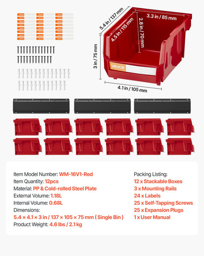 VEVOR Wall Mounted Storage Bins, 12 Plastic Bins & 3 Metal Rails, Plastic Hanging Stackable Storage Bin for Screws, Nuts, Bolts, Nails, Hardware Tool Organizer for Workshop, Craft Room, Garage, Red - BGSWLXGDBGSWDYGLO001V0 - view 8