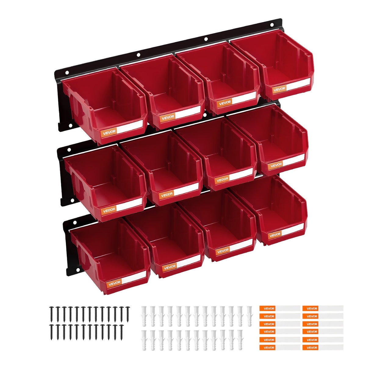 VEVOR Wall Mounted Storage Bins, 12 Plastic Bins & 3 Metal Rails, Plastic Hanging Stackable Storage Bin for Screws, Nuts, Bolts, Nails, Hardware Tool Organizer for Workshop, Craft Room, Garage, Red - BGSWLXGDBGSWDYGLO001V0 - view 10
