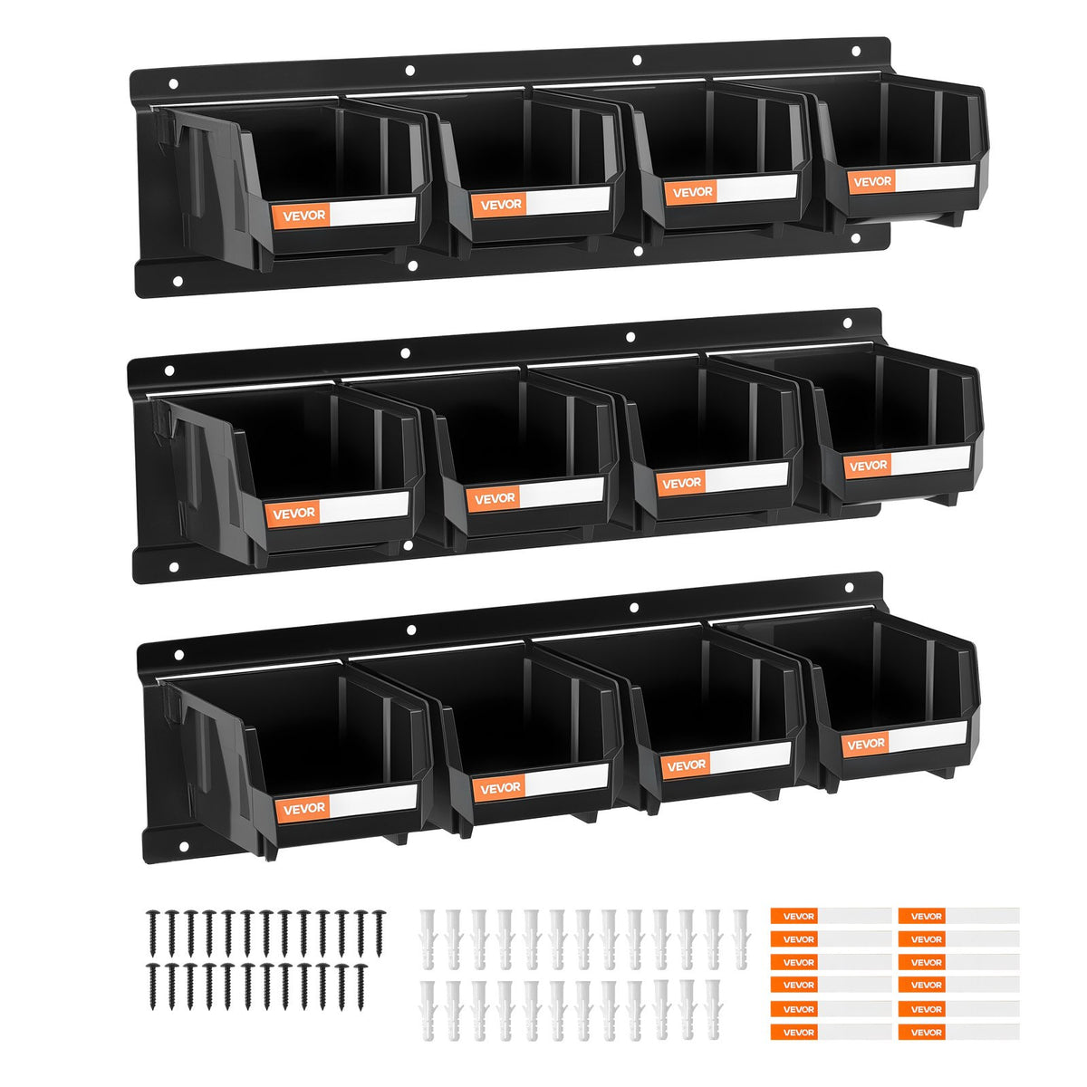 VEVOR Wall Mounted Storage Bins, 12 Plastic Bins & 3 Metal Rails, Plastic Hanging Stackable Storage Bin for Screws, Nuts, Bolts, Nails, Hardware Tool Organizer for Workshop, Craft Room, Garage, Black - BGSWLXGDBGSWXS1FU001V0 - view 1