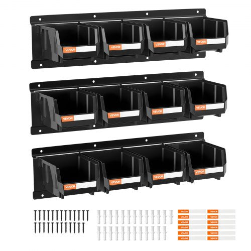 VEVOR Wall Mounted Storage Bins, 12 Plastic Bins & 3 Metal Rails, Plastic Hanging Stackable Storage Bin for Screws, Nuts, Bolts, Nails, Hardware Tool Organizer for Workshop, Craft Room, Garage, Black - BGSWLXGDBGSWXS1FU001V0 - view 2