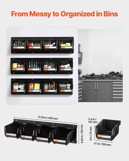 VEVOR Wall Mounted Storage Bins, 12 Plastic Bins & 3 Metal Rails, Plastic Hanging Stackable Storage Bin for Screws, Nuts, Bolts, Nails, Hardware Tool Organizer for Workshop, Craft Room, Garage, Black - BGSWLXGDBGSWXS1FU001V0 - view 3