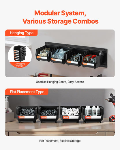 VEVOR Wall Mounted Storage Bins, 12 Plastic Bins & 3 Metal Rails, Plastic Hanging Stackable Storage Bin for Screws, Nuts, Bolts, Nails, Hardware Tool Organizer for Workshop, Craft Room, Garage, Black - BGSWLXGDBGSWXS1FU001V0 - view 5