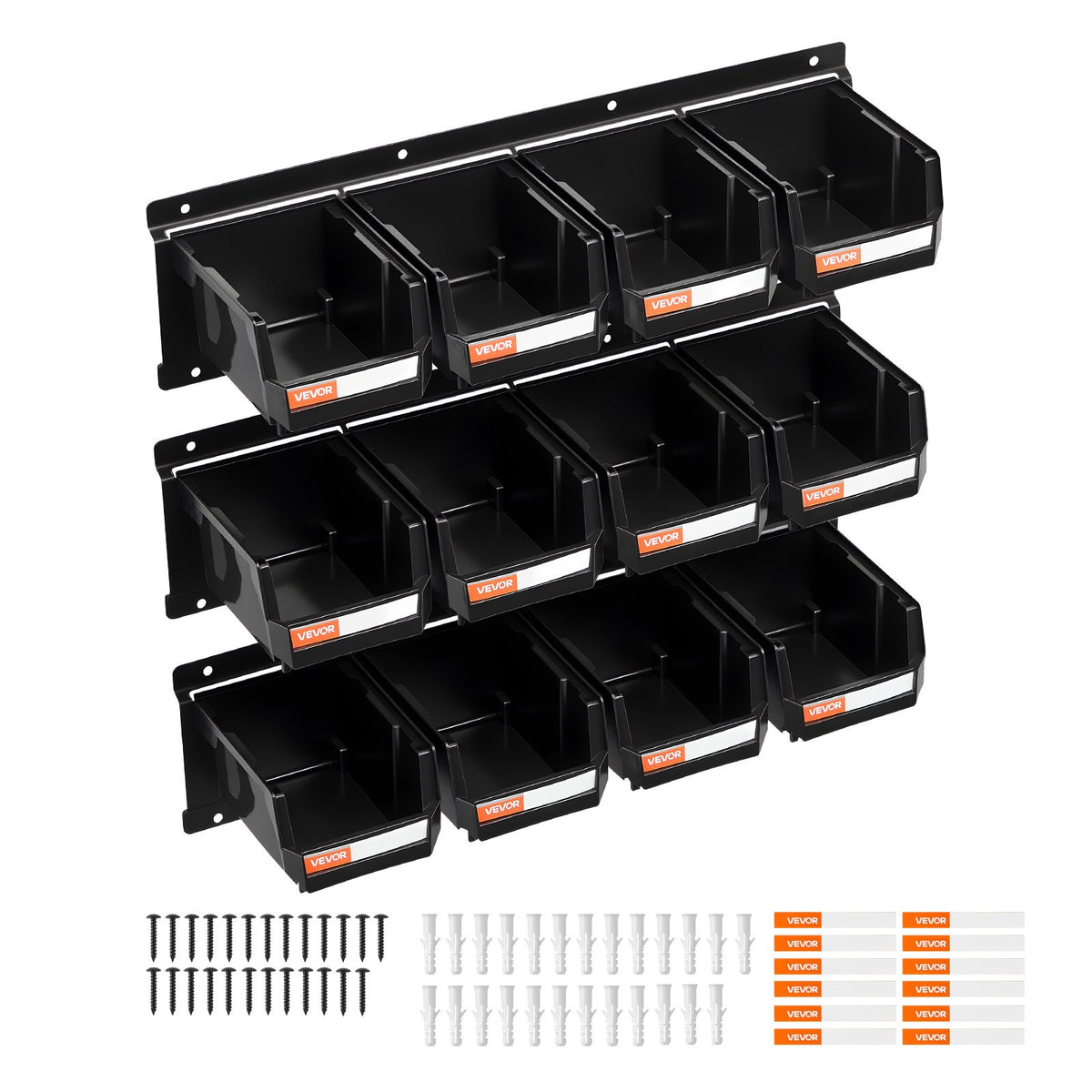 VEVOR Wall Mounted Storage Bins, 12 Plastic Bins & 3 Metal Rails, Plastic Hanging Stackable Storage Bin for Screws, Nuts, Bolts, Nails, Hardware Tool Organizer for Workshop, Craft Room, Garage, Black - BGSWLXGDBGSWXS1FU001V0 - view 10