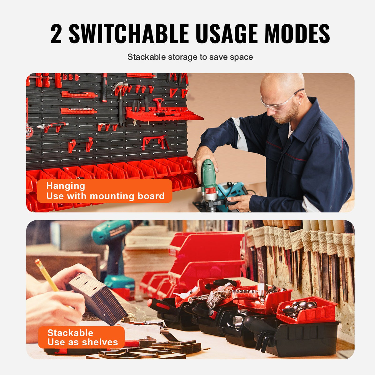 VEVOR Wall Mounted Storage Bins, 30-Bin Parts Rack Organizer Garage Plastic Shop Tool with Wall Panels/Tool Holders/Hooks, Tool Organizer for Nuts, Bolts, Screws, Nails, Beads, Buttons, Black and Red - BGSWLXGJBGWLFKK39V0 - view 4