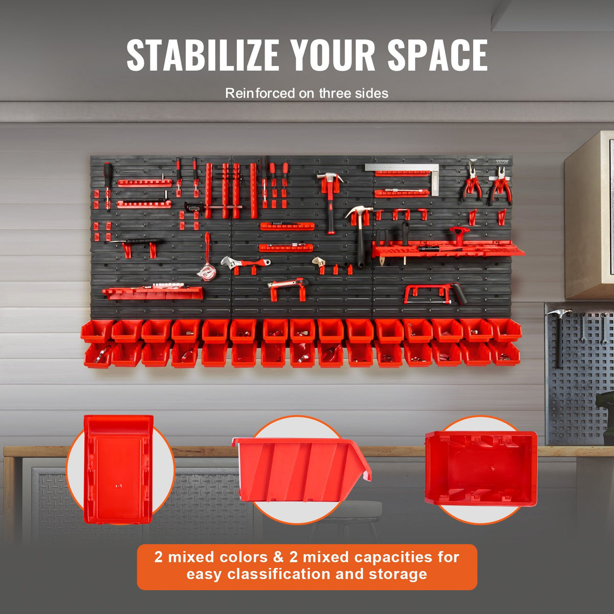 VEVOR Wall Mounted Storage Bins, 30-Bin Parts Rack Organizer Garage Plastic Shop Tool with Wall Panels/Tool Holders/Hooks, Tool Organizer for Nuts, Bolts, Screws, Nails, Beads, Buttons, Black and Red - BGSWLXGJBGWLFKK39V0 - view 5