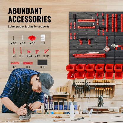 VEVOR Wall Mounted Storage Bins, 30-Bin Parts Rack Organizer Garage Plastic Shop Tool with Wall Panels/Tool Holders/Hooks, Tool Organizer for Nuts, Bolts, Screws, Nails, Beads, Buttons, Black and Red - BGSWLXGJBGWLFKK39V0 - view 6