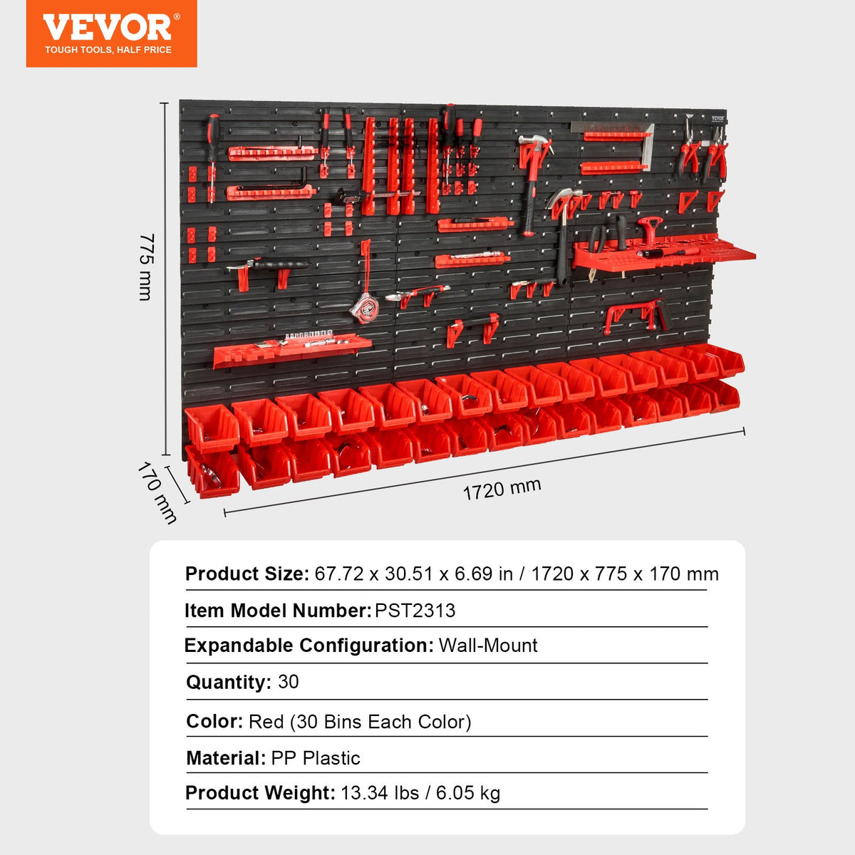 VEVOR Wall Mounted Storage Bins, 30-Bin Parts Rack Organizer Garage Plastic Shop Tool with Wall Panels/Tool Holders/Hooks, Tool Organizer for Nuts, Bolts, Screws, Nails, Beads, Buttons, Black and Red - BGSWLXGJBGWLFKK39V0 - view 8