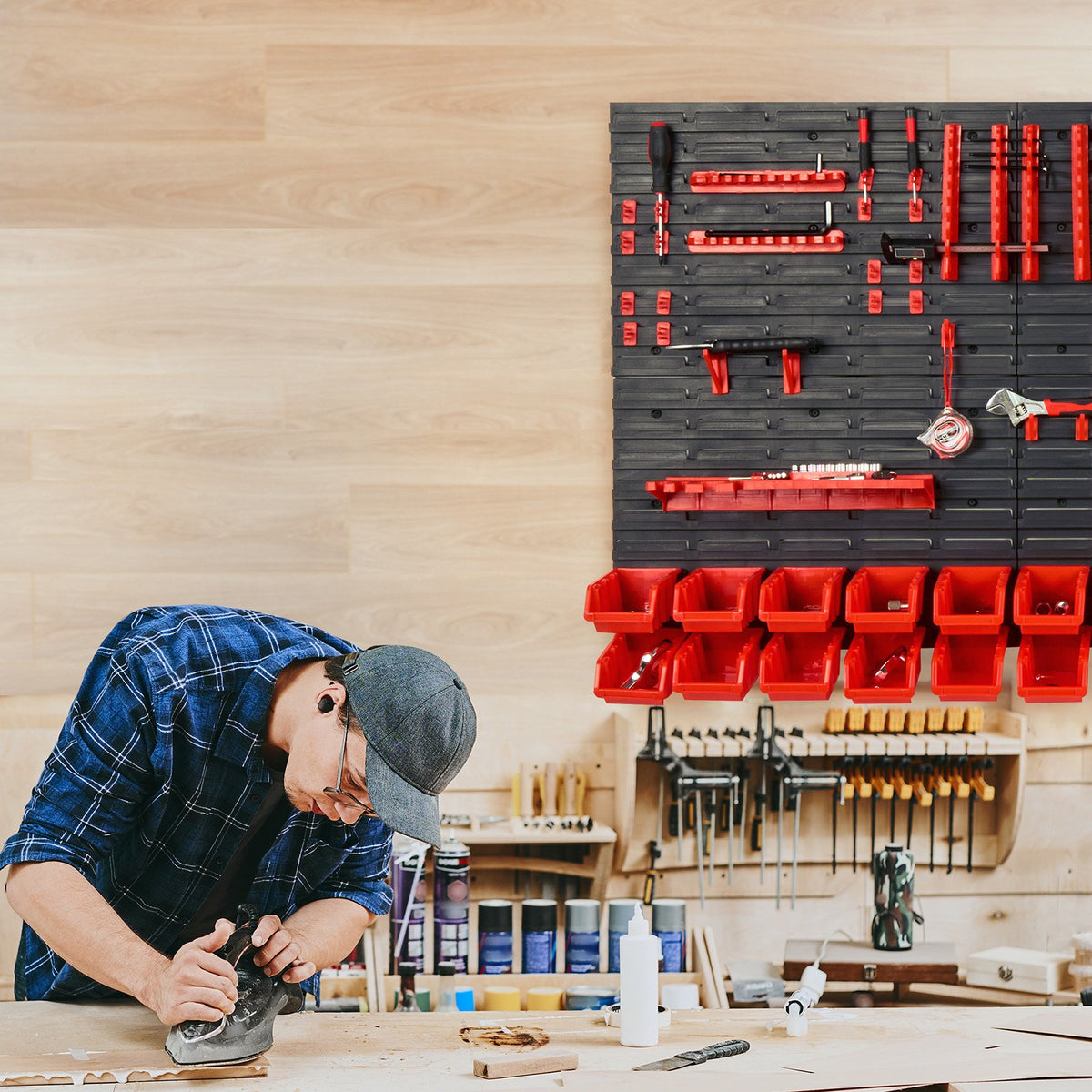 VEVOR Wall Mounted Storage Bins, 30-Bin Parts Rack Organizer Garage Plastic Shop Tool with Wall Panels/Tool Holders/Hooks, Tool Organizer for Nuts, Bolts, Screws, Nails, Beads, Buttons, Black and Red - BGSWLXGJBGWLFKK39V0 - view 9