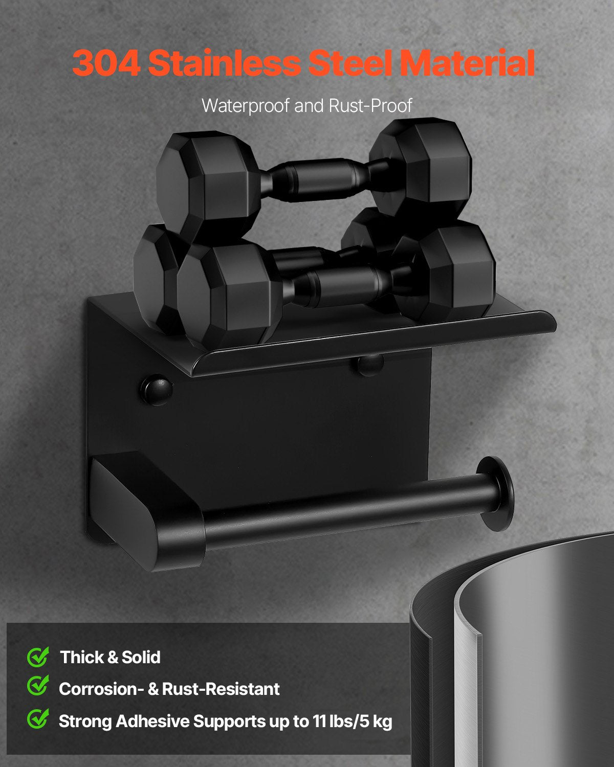 VEVOR Toilet Paper Holder with Shelf, Fits Mega Rolls Size, Stainless Steel Rustproof Material, Wall Mounted with Screws and Double-Sided Tape, Toilet Roll Tissue Holder for Bathroom, Matte Black - BGSWSZJDZKKZPZOEOV0 - view 3