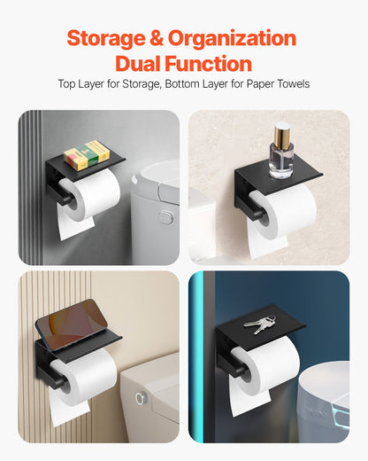 VEVOR Toilet Paper Holder with Shelf, Fits Mega Rolls Size, Stainless Steel Rustproof Material, Wall Mounted with Screws and Double-Sided Tape, Toilet Roll Tissue Holder for Bathroom, Matte Black - BGSWSZJDZKKZPZOEOV0 - view 4