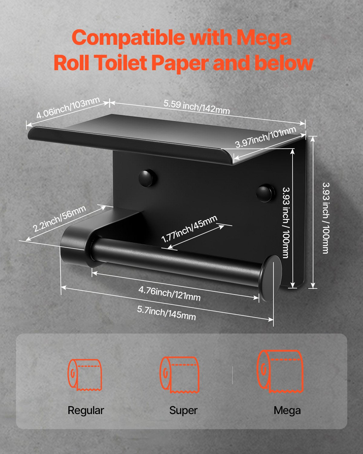 VEVOR Toilet Paper Holder with Shelf, Fits Mega Rolls Size, Stainless Steel Rustproof Material, Wall Mounted with Screws and Double-Sided Tape, Toilet Roll Tissue Holder for Bathroom, Matte Black - BGSWSZJDZKKZPZOEOV0 - view 5