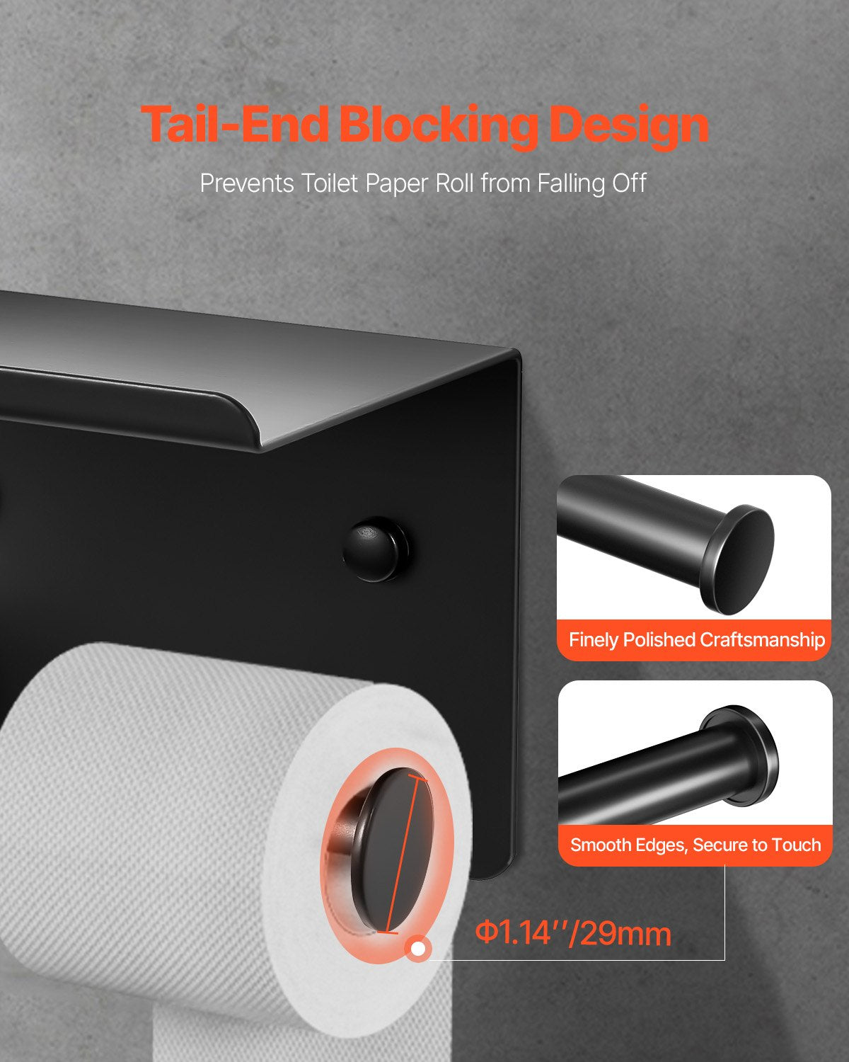VEVOR Toilet Paper Holder with Shelf, Fits Mega Rolls Size, Stainless Steel Rustproof Material, Wall Mounted with Screws and Double-Sided Tape, Toilet Roll Tissue Holder for Bathroom, Matte Black - BGSWSZJDZKKZPZOEOV0 - view 6