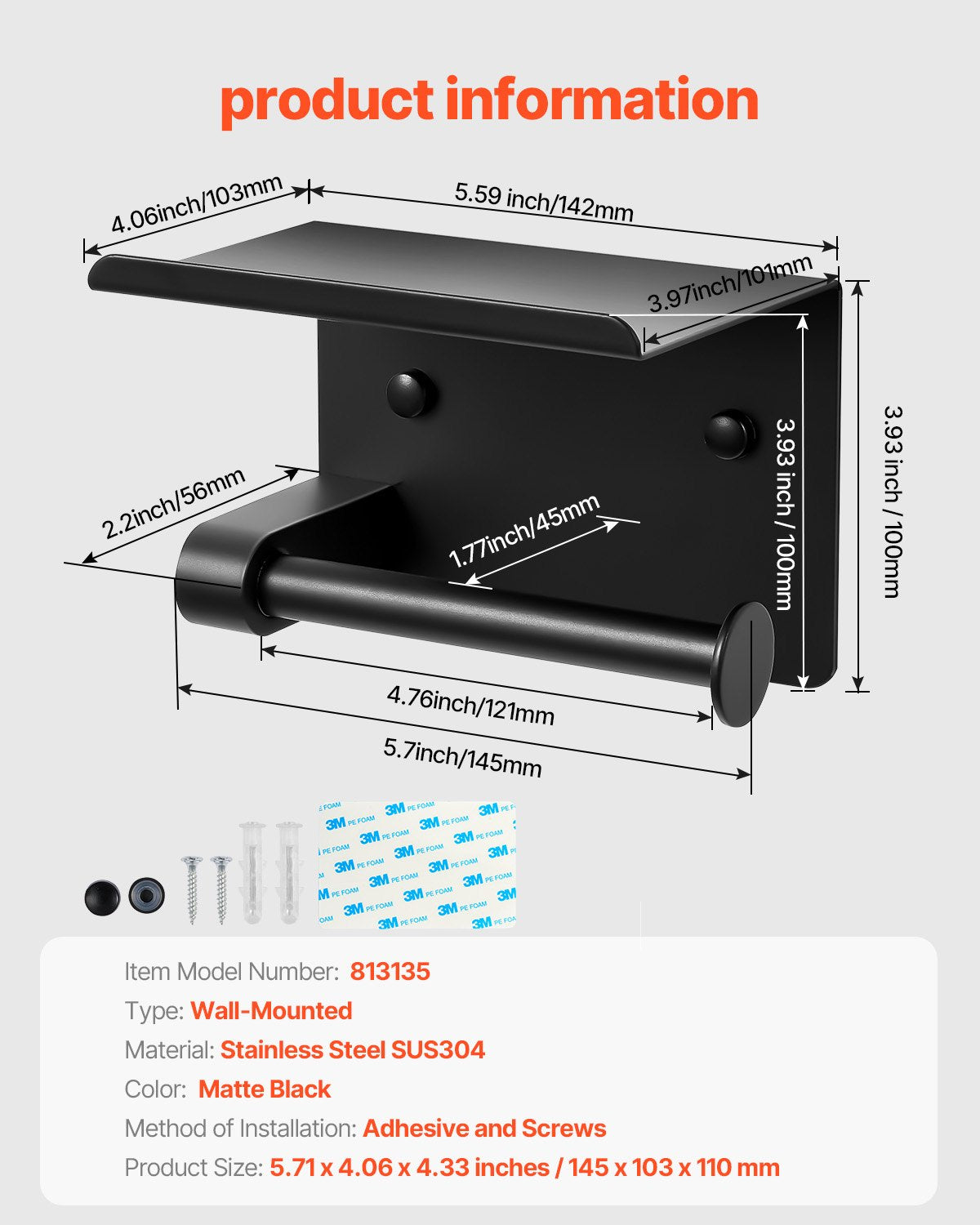 VEVOR Toilet Paper Holder with Shelf, Fits Mega Rolls Size, Stainless Steel Rustproof Material, Wall Mounted with Screws and Double-Sided Tape, Toilet Roll Tissue Holder for Bathroom, Matte Black - BGSWSZJDZKKZPZOEOV0 - view 8