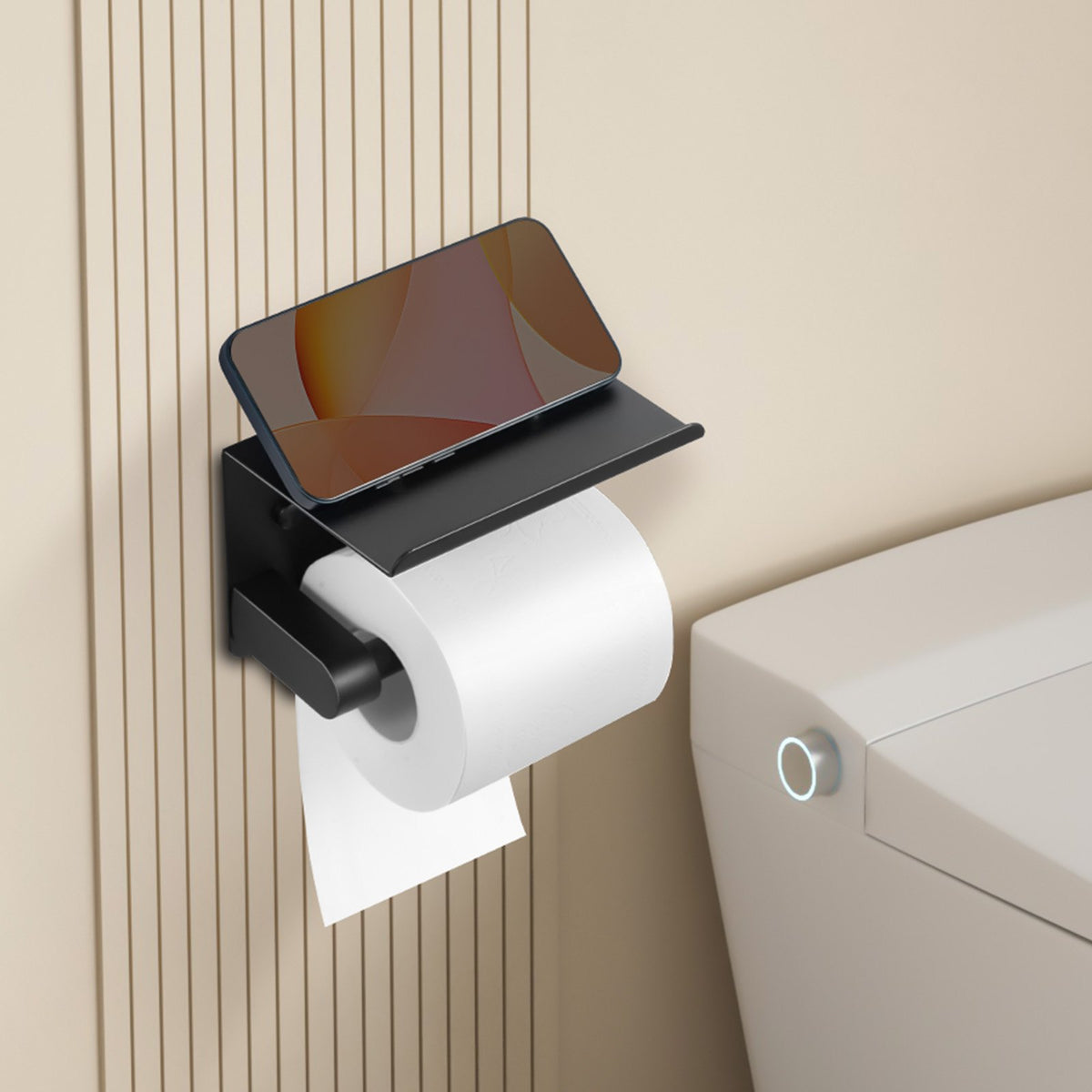 VEVOR Toilet Paper Holder with Shelf, Fits Mega Rolls Size, Stainless Steel Rustproof Material, Wall Mounted with Screws and Double-Sided Tape, Toilet Roll Tissue Holder for Bathroom, Matte Black - BGSWSZJDZKKZPZOEOV0 - view 9