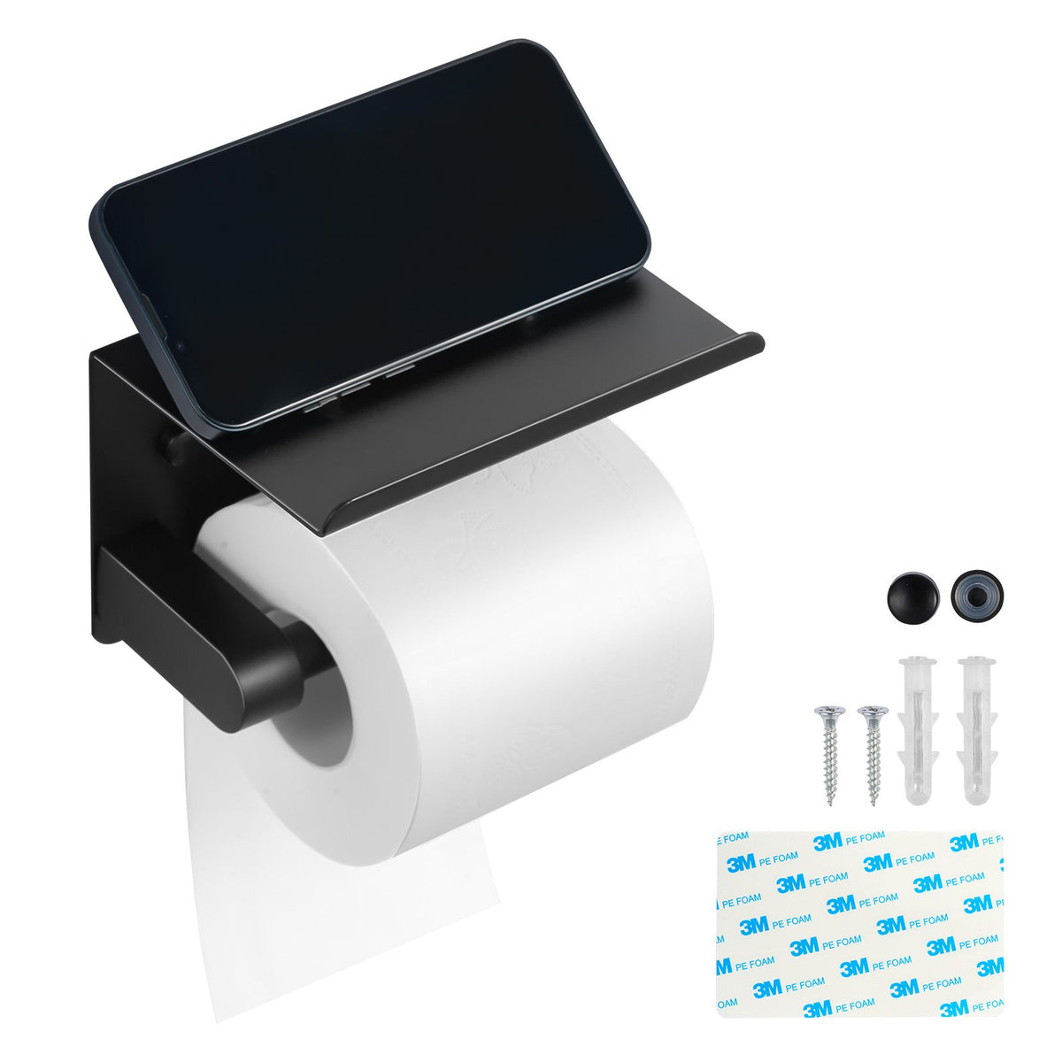 VEVOR Toilet Paper Holder with Shelf, Fits Mega Rolls Size, Stainless Steel Rustproof Material, Wall Mounted with Screws and Double-Sided Tape, Toilet Roll Tissue Holder for Bathroom, Matte Black - BGSWSZJDZKKZPZOEOV0 - view 10