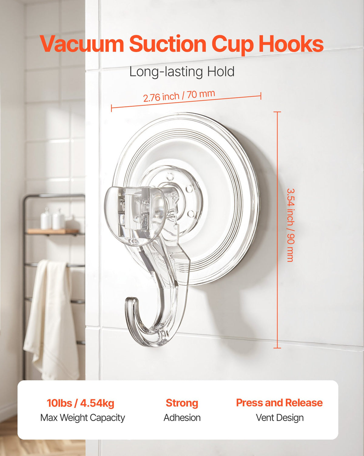 VEVOR Suction Cup Hooks 6 Pack, 2.76 x 3.54 x 1.57 inch, 10 LBS Max Load Clear Shower Suction Cups, Strong and Reusable Heavy Duty Wall Holder, for Loofah, Towel, Glass, Window, Kitchen, Bathroom - BGSXP35INCHS8GZV6001V0 - view 3