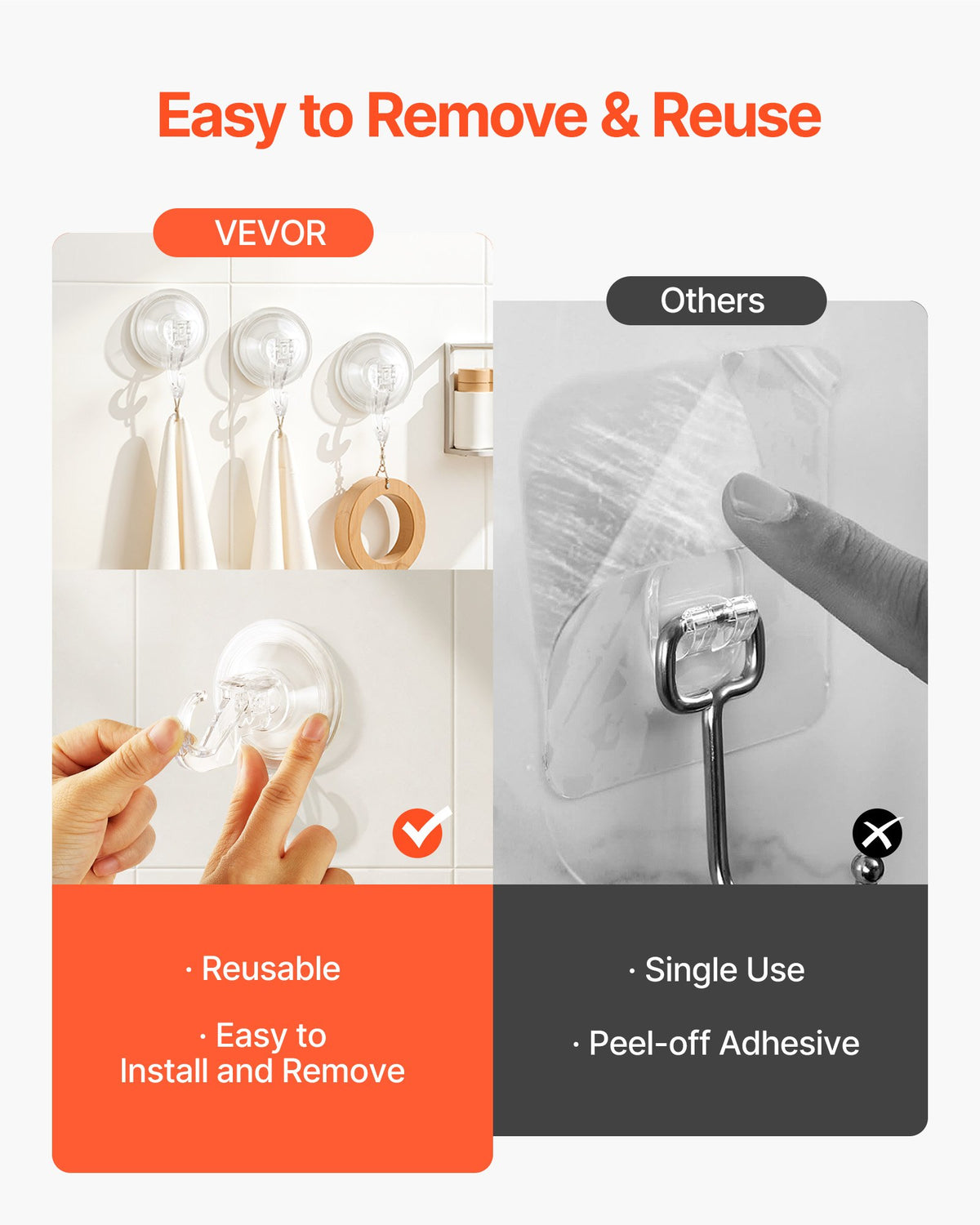 VEVOR Suction Cup Hooks 6 Pack, 2.76 x 3.54 x 1.57 inch, 10 LBS Max Load Clear Shower Suction Cups, Strong and Reusable Heavy Duty Wall Holder, for Loofah, Towel, Glass, Window, Kitchen, Bathroom - BGSXP35INCHS8GZV6001V0 - view 6