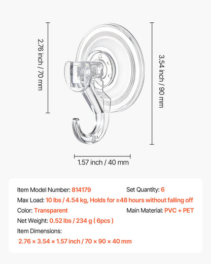 VEVOR Suction Cup Hooks 6 Pack, 2.76 x 3.54 x 1.57 inch, 10 LBS Max Load Clear Shower Suction Cups, Strong and Reusable Heavy Duty Wall Holder, for Loofah, Towel, Glass, Window, Kitchen, Bathroom - BGSXP35INCHS8GZV6001V0 - view 8