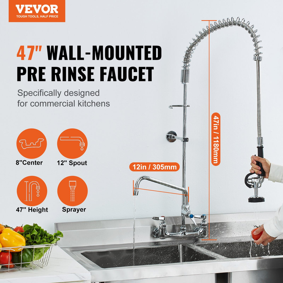 VEVOR Wall-Mounted Kitchen Faucet, 47" Tall, 8" Apart, with 12" Rotating Spout and Pre-Rinse Spray, Brass Build, Pull-Down Feature for Multi-Compartment Sinks - BGSYCXSLTBGS6DRW9V0 - view 3