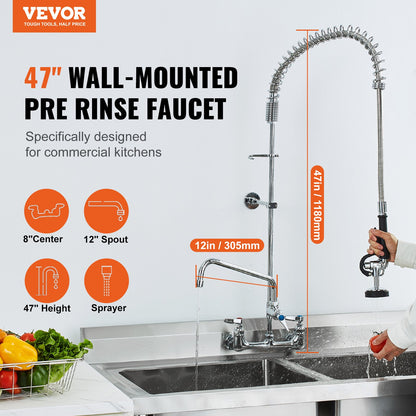 VEVOR Wall-Mounted Kitchen Faucet, 47" Tall, 8" Apart, with 12" Rotating Spout and Pre-Rinse Spray, Brass Build, Pull-Down Feature for Multi-Compartment Sinks - BGSYCXSLTBGS6DRW9V0 - view 3