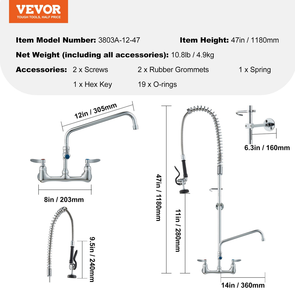 VEVOR Wall-Mounted Kitchen Faucet, 47" Tall, 8" Apart, with 12" Rotating Spout and Pre-Rinse Spray, Brass Build, Pull-Down Feature for Multi-Compartment Sinks - BGSYCXSLTBGS6DRW9V0 - view 8