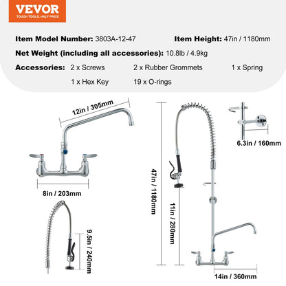 VEVOR Wall-Mounted Kitchen Faucet, 47" Tall, 8" Apart, with 12" Rotating Spout and Pre-Rinse Spray, Brass Build, Pull-Down Feature for Multi-Compartment Sinks - BGSYCXSLTBGS6DRW9V0 - view 8