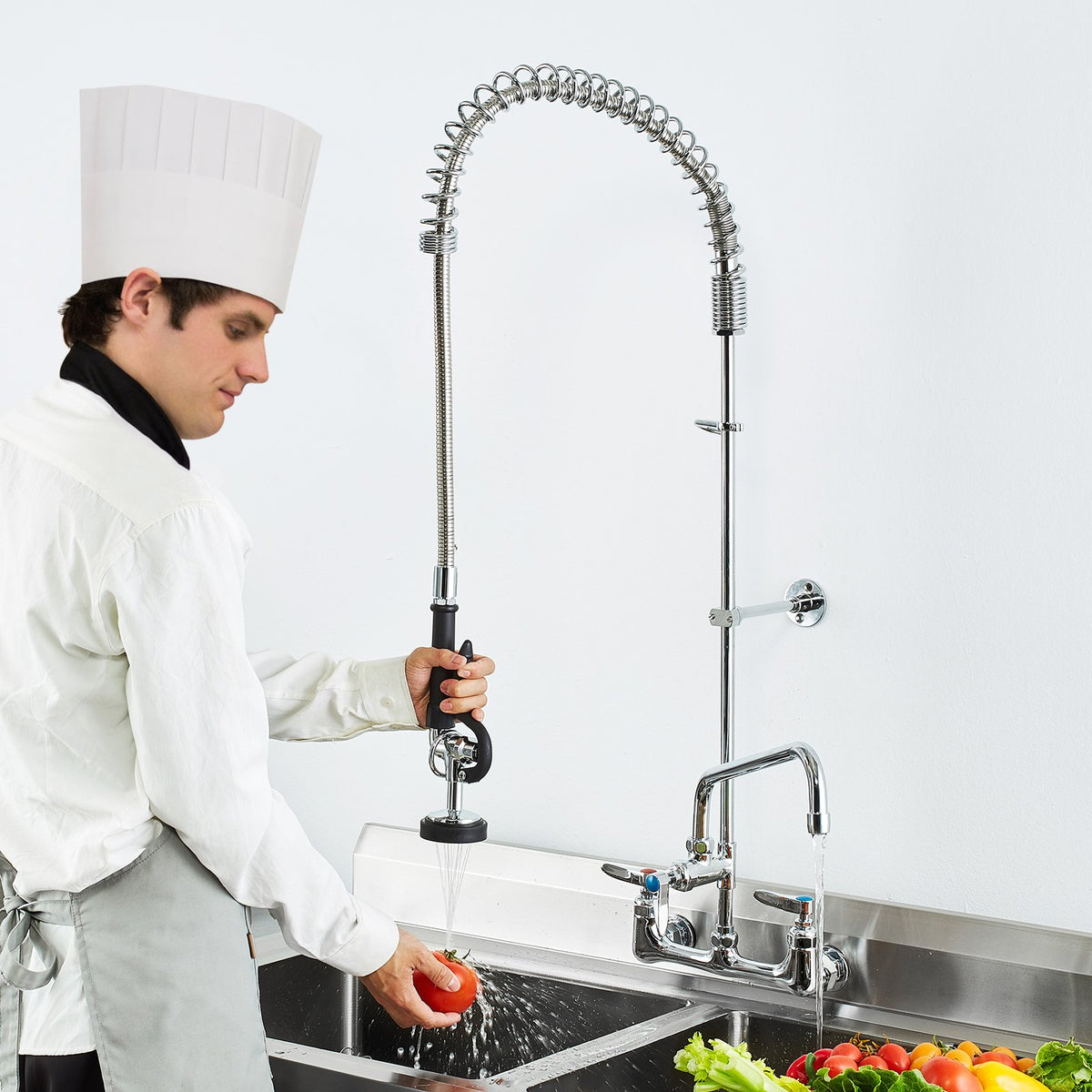 VEVOR Wall-Mounted Kitchen Faucet, 47" Tall, 8" Apart, with 12" Rotating Spout and Pre-Rinse Spray, Brass Build, Pull-Down Feature for Multi-Compartment Sinks - BGSYCXSLTBGS6DRW9V0 - view 9