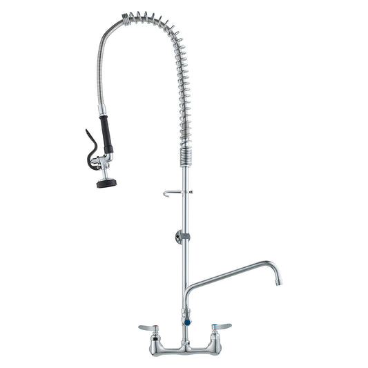 VEVOR Industrial Sink Faucet, 44" Tall, 8" Apart, 12" Rotating Spout, Wall Mounted, Brass Made with Extendable Sprayer, Fits Single/Triple Sinks