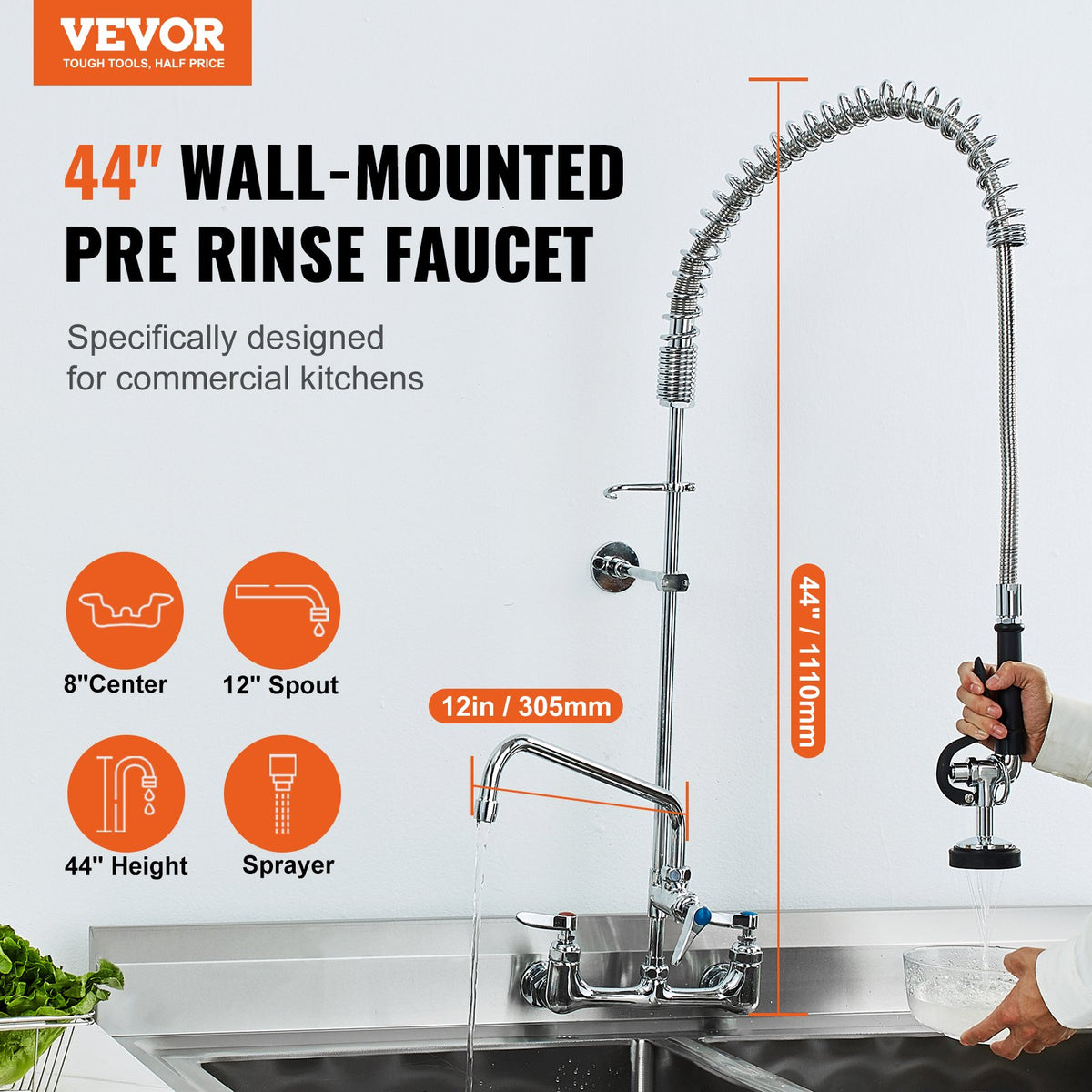VEVOR Industrial Sink Faucet, 44" Tall, 8" Apart, 12" Rotating Spout, Wall Mounted, Brass Made with Extendable Sprayer, Fits Single/Triple Sinks - BGSYCXSLTBGS863RLV0 - view 3