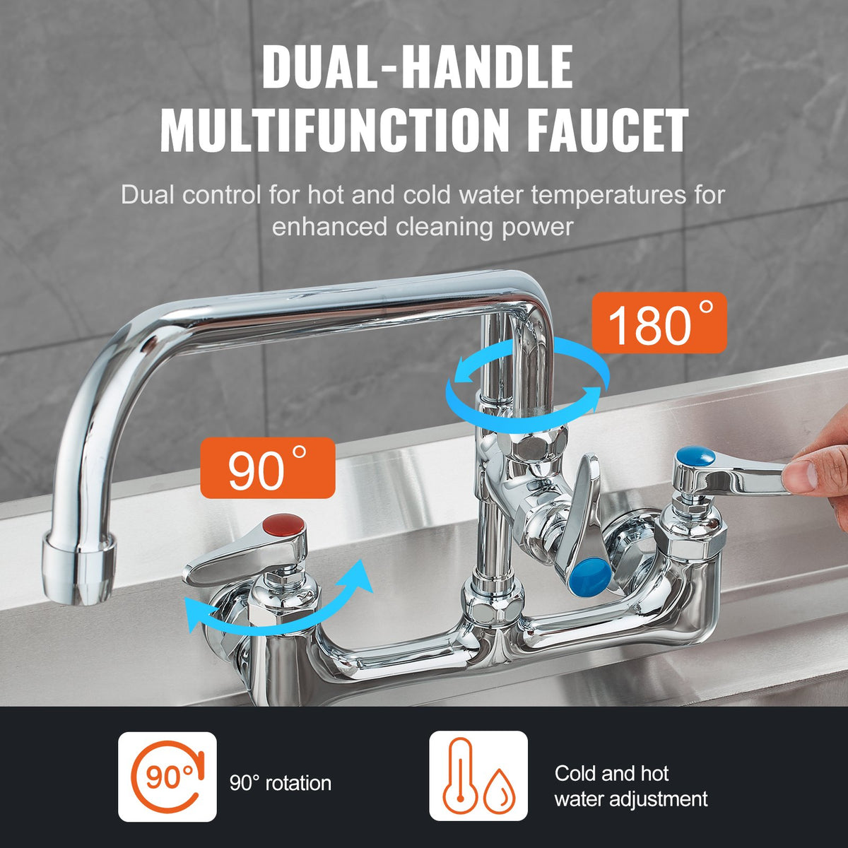 VEVOR Industrial Sink Faucet, 44" Tall, 8" Apart, 12" Rotating Spout, Wall Mounted, Brass Made with Extendable Sprayer, Fits Single/Triple Sinks - BGSYCXSLTBGS863RLV0 - view 6