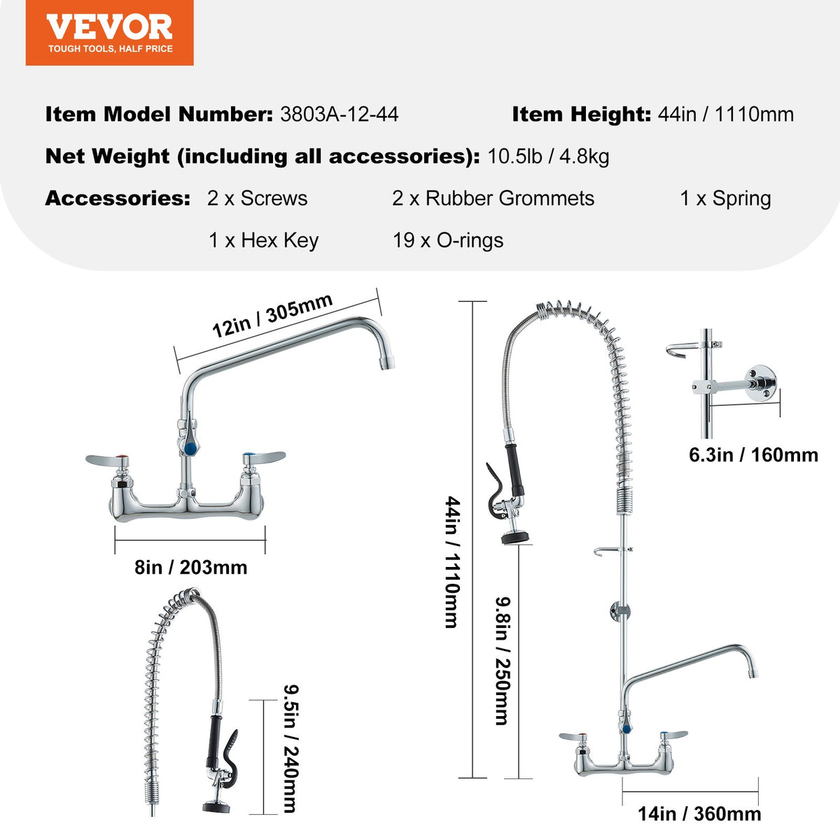 VEVOR Industrial Sink Faucet, 44" Tall, 8" Apart, 12" Rotating Spout, Wall Mounted, Brass Made with Extendable Sprayer, Fits Single/Triple Sinks - BGSYCXSLTBGS863RLV0 - view 8