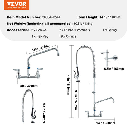 VEVOR Industrial Sink Faucet, 44" Tall, 8" Apart, 12" Rotating Spout, Wall Mounted, Brass Made with Extendable Sprayer, Fits Single/Triple Sinks - BGSYCXSLTBGS863RLV0 - view 8