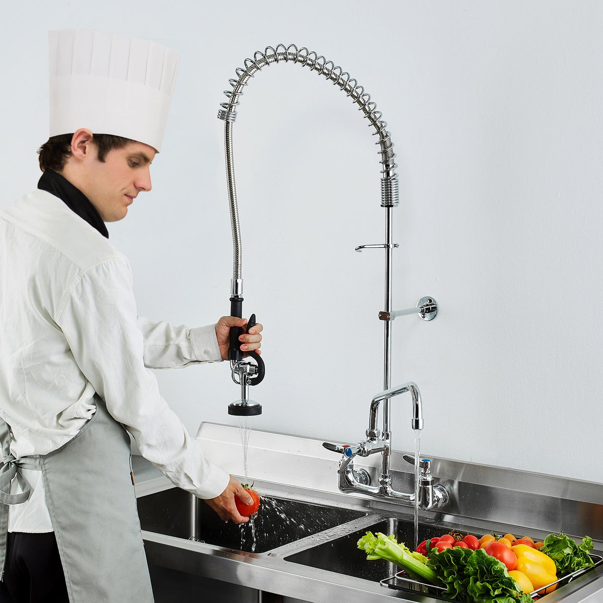 VEVOR Industrial Sink Faucet, 44" Tall, 8" Apart, 12" Rotating Spout, Wall Mounted, Brass Made with Extendable Sprayer, Fits Single/Triple Sinks - BGSYCXSLTBGS863RLV0 - view 9