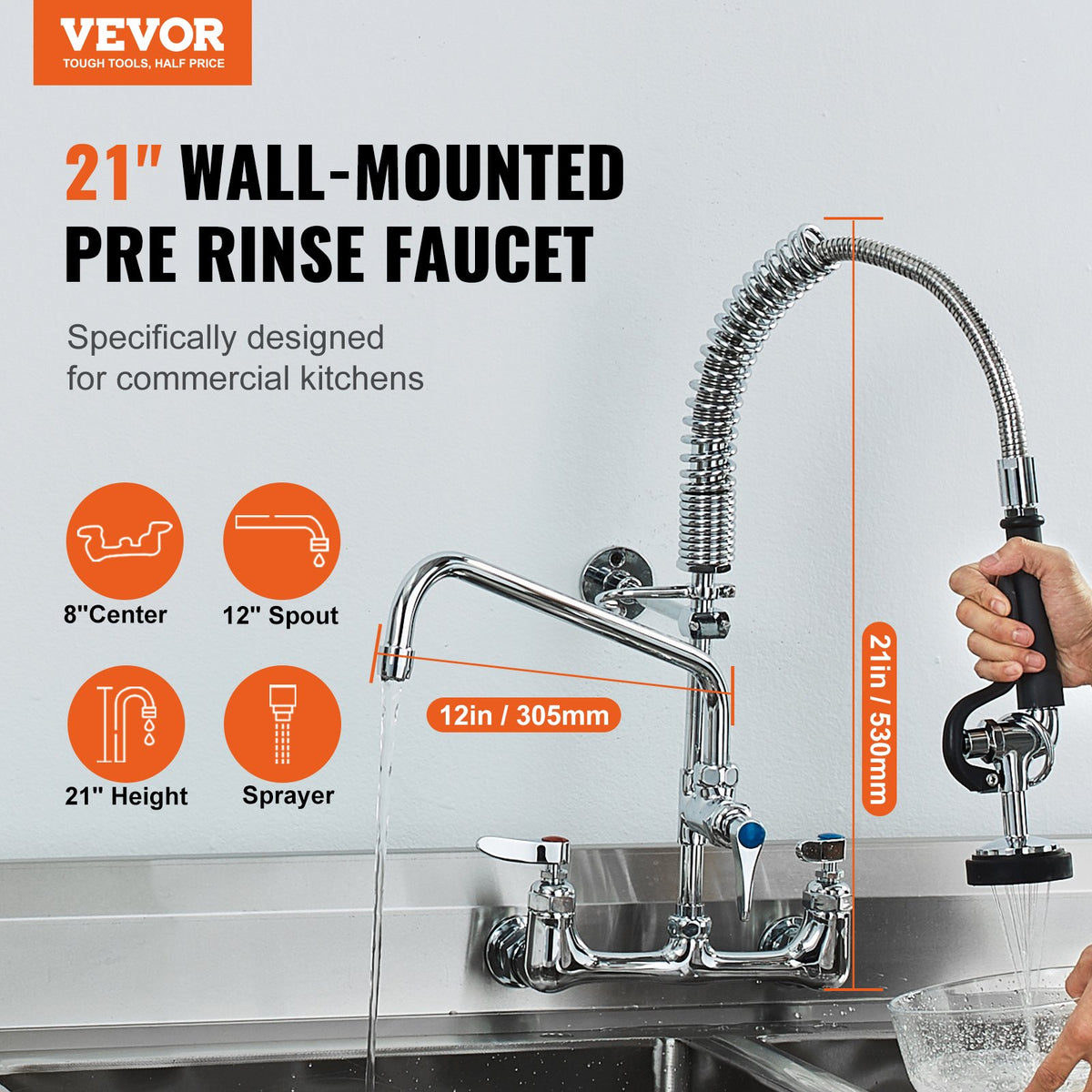 VEVOR Wall-Mounted Brass Kitchen Faucet, 21" Tall, 8" Installation Width, Includes 12" Rotating Spout and Pull-Down Sprayer, Suitable for Single, Double, or Triple Sinks - BGSYCXSLTBGS9X3ACV0 - view 3