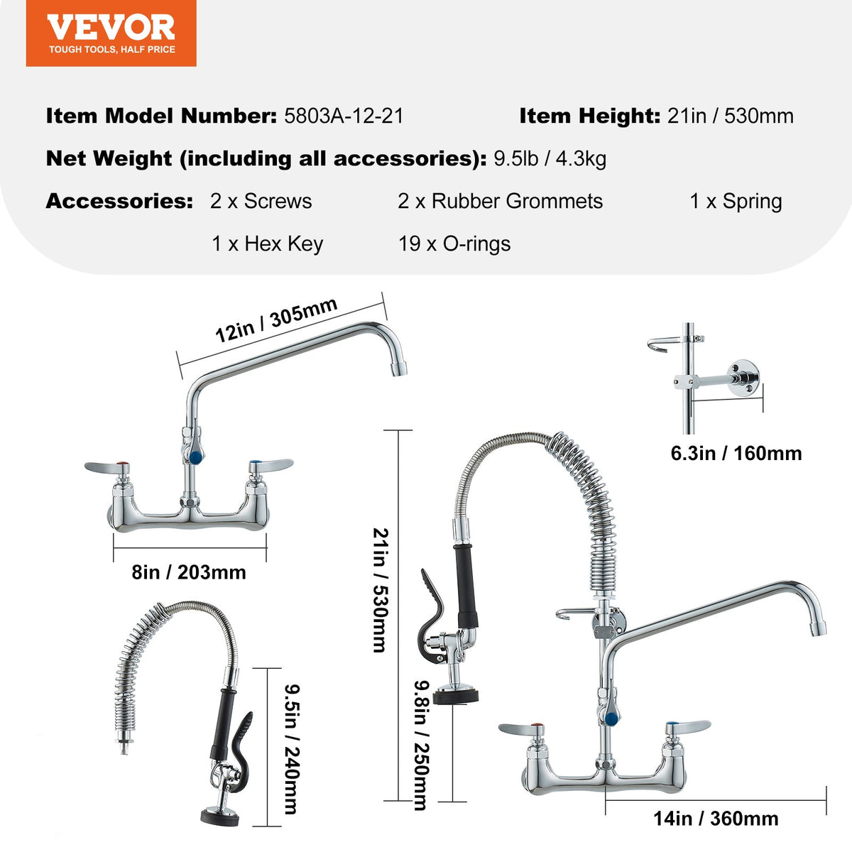 VEVOR Wall-Mounted Brass Kitchen Faucet, 21" Tall, 8" Installation Width, Includes 12" Rotating Spout and Pull-Down Sprayer, Suitable for Single, Double, or Triple Sinks - BGSYCXSLTBGS9X3ACV0 - view 8