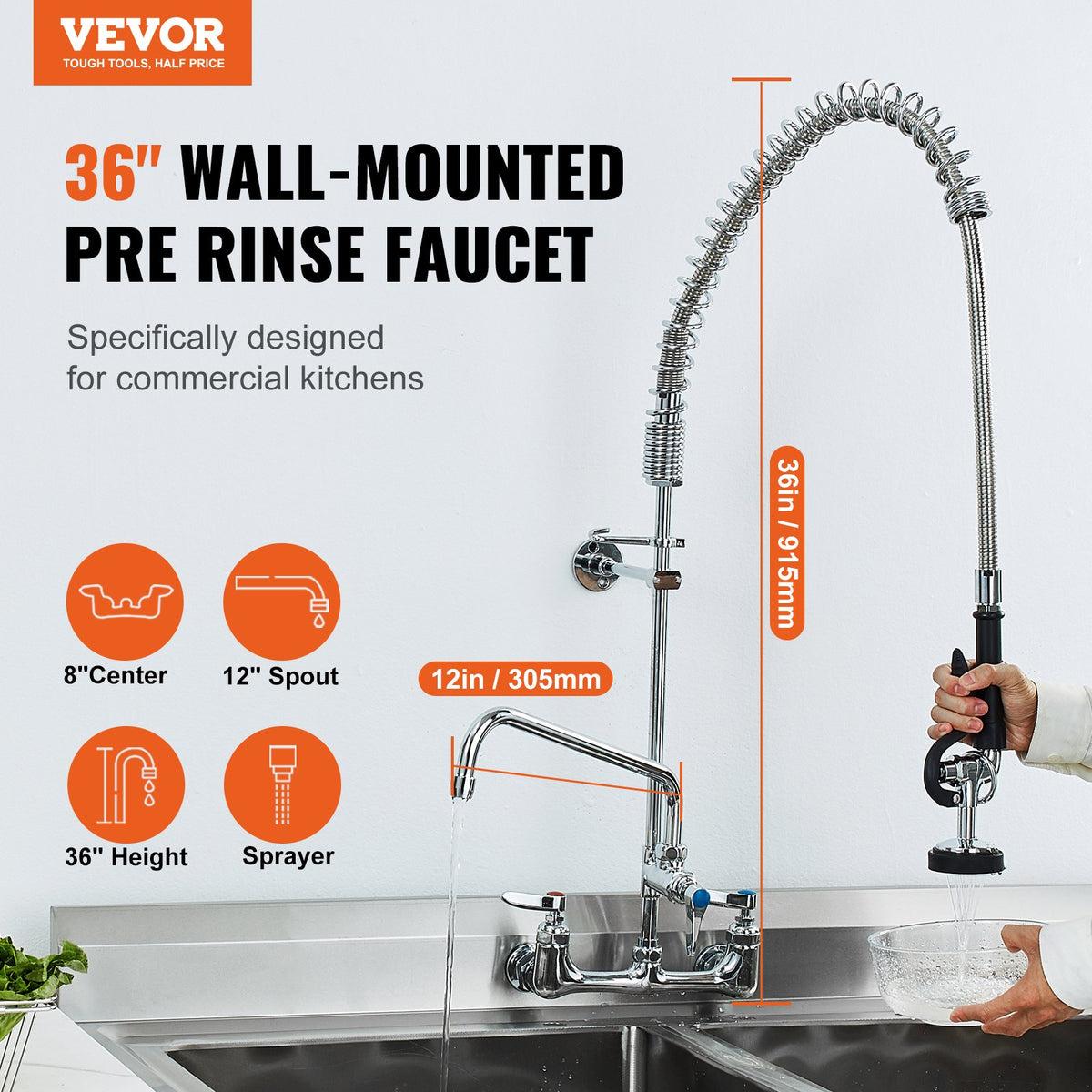 VEVOR Wall-Mounted Brass Kitchen Faucet, 36" Tall, 8" Installation Width, Includes 12" Rotating Spout and Pull-Down Sprayer, Suitable for Single, Double, or Triple Sinks - BGSYCXSLTBGSR39MKV0 - view 3