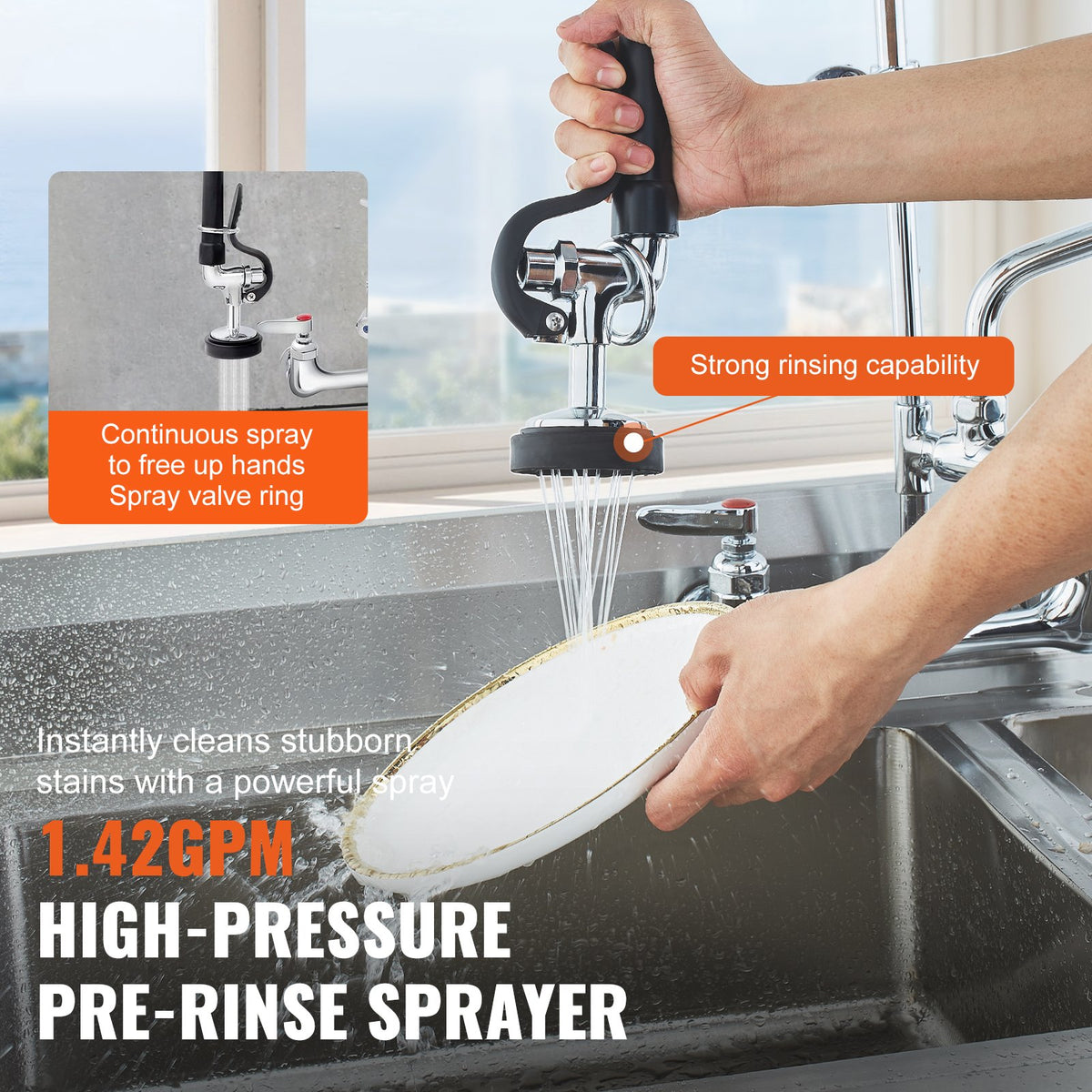 VEVOR Wall-Mounted Brass Kitchen Faucet, 36" Tall, 8" Installation Width, Includes 12" Rotating Spout and Pull-Down Sprayer, Suitable for Single, Double, or Triple Sinks - BGSYCXSLTBGSR39MKV0 - view 5