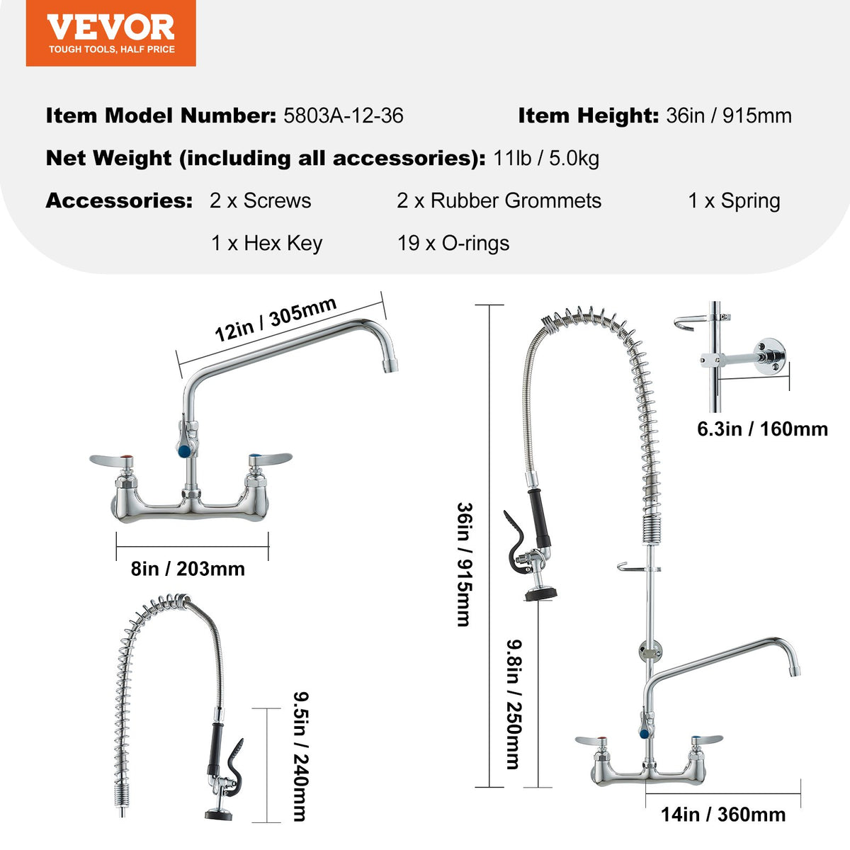 VEVOR Wall-Mounted Brass Kitchen Faucet, 36" Tall, 8" Installation Width, Includes 12" Rotating Spout and Pull-Down Sprayer, Suitable for Single, Double, or Triple Sinks - BGSYCXSLTBGSR39MKV0 - view 8