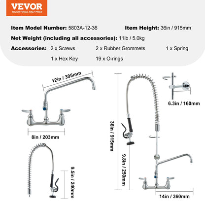 VEVOR Wall-Mounted Brass Kitchen Faucet, 36" Tall, 8" Installation Width, Includes 12" Rotating Spout and Pull-Down Sprayer, Suitable for Single, Double, or Triple Sinks - BGSYCXSLTBGSR39MKV0 - view 8
