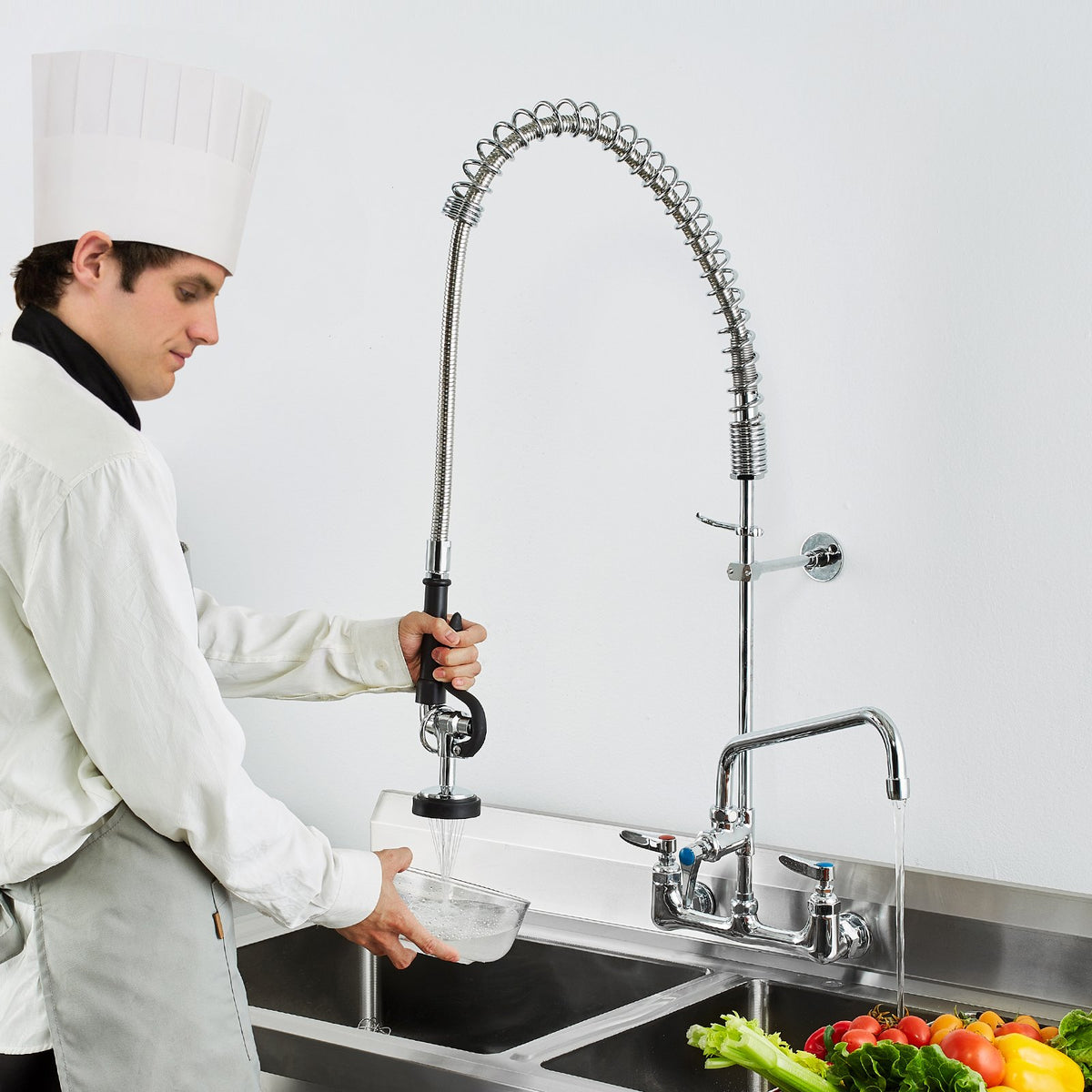 VEVOR Wall-Mounted Brass Kitchen Faucet, 36" Tall, 8" Installation Width, Includes 12" Rotating Spout and Pull-Down Sprayer, Suitable for Single, Double, or Triple Sinks - BGSYCXSLTBGSR39MKV0 - view 9