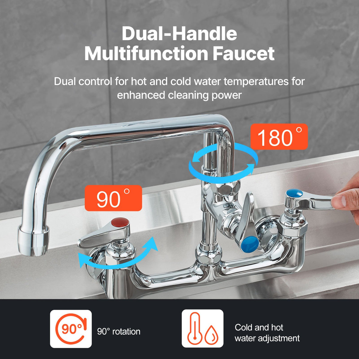 VEVOR Wall-Mounted Kitchen Faucet, 25" Tall, 8" Center Distance, 12" Rotatable Spout, Includes Pre-Rinse Spray, Brass Build, Pull-Down Feature, Suitable for Multi-Compartment Sinks - BGSYCXSLTBGSVEFGVV0 - view 6