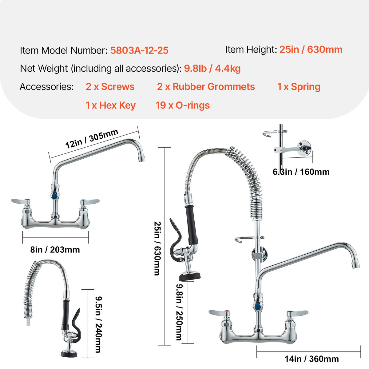 VEVOR Wall-Mounted Kitchen Faucet, 25" Tall, 8" Center Distance, 12" Rotatable Spout, Includes Pre-Rinse Spray, Brass Build, Pull-Down Feature, Suitable for Multi-Compartment Sinks - BGSYCXSLTBGSVEFGVV0 - view 8